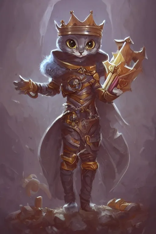 Image similar to cute little anthropomorphic cat knight wearing a cape and a crown, tiny, small, miniature cat , baby animal, short, pale blue armor, cute and adorable, pretty, beautiful, DnD character art portrait, matte fantasy painting, DeviantArt Artstation, by Jason Felix by Steve Argyle by Tyler Jacobson by Peter Mohrbacher, cinematic lighting