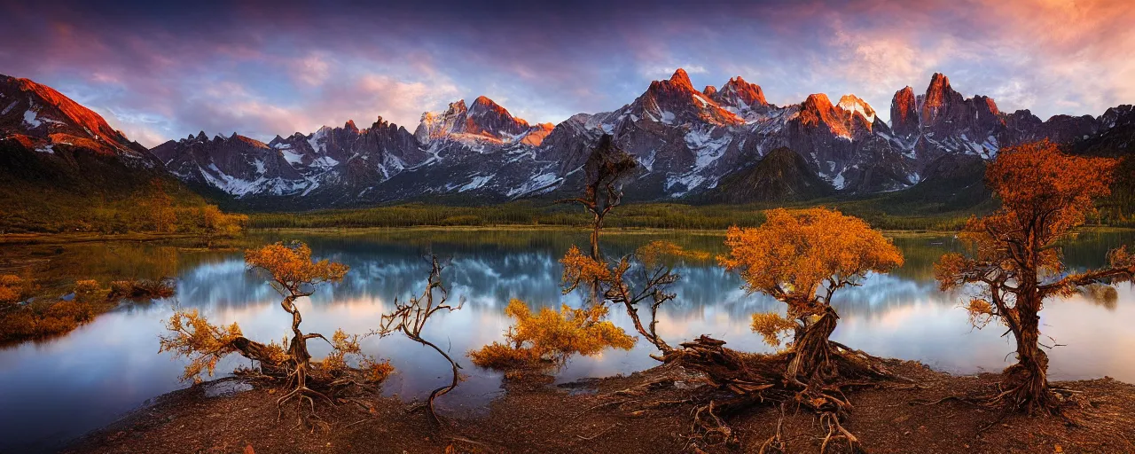 Prompt: landscape photography by marc adamus, dead tree in the foreground, mountains, lake