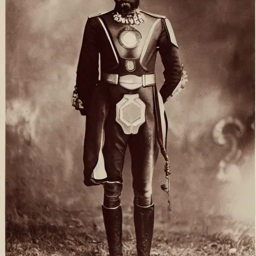 Image similar to tsar nicholas ii as iron man, historical photograph, highly detailed, full length portrait