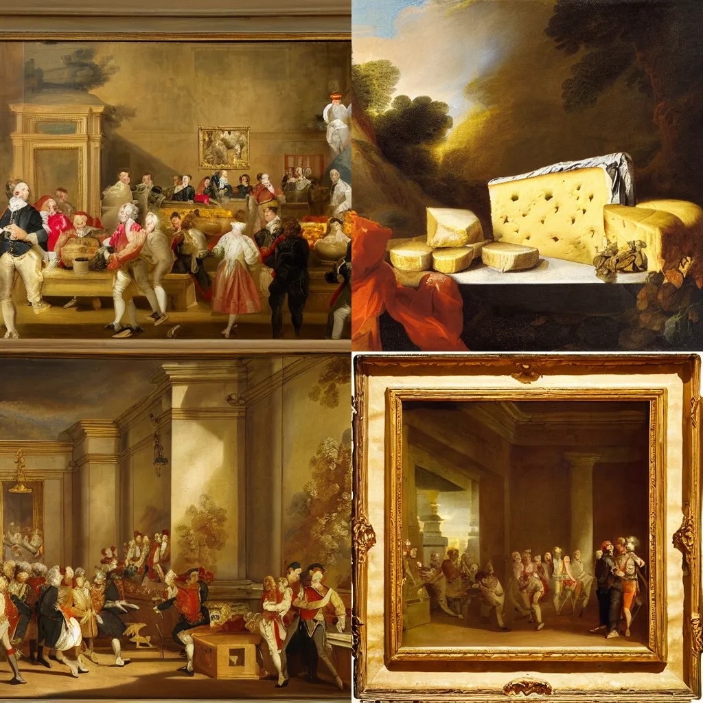 Prompt: 18th century historical painting representing interior of supermarket cheese display , by Joshua Reynolds, Hermitage museum catalog photography,