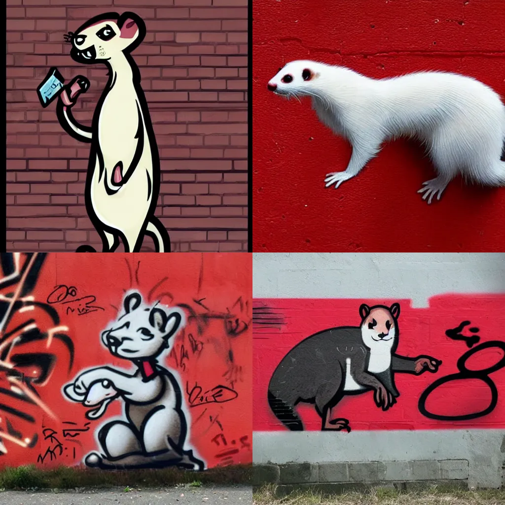 Prompt: ( ( ( ferret * weasel * stoat ) / fursona ) * ( red + black ) + ( ( smoke / backing ) ) ) = ( wall + graffiti )