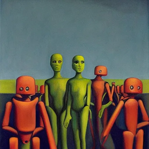 Prompt: robots herding humans, human subjugation, mind control, dystopian, pj crook, edward hopper, oil on canvas