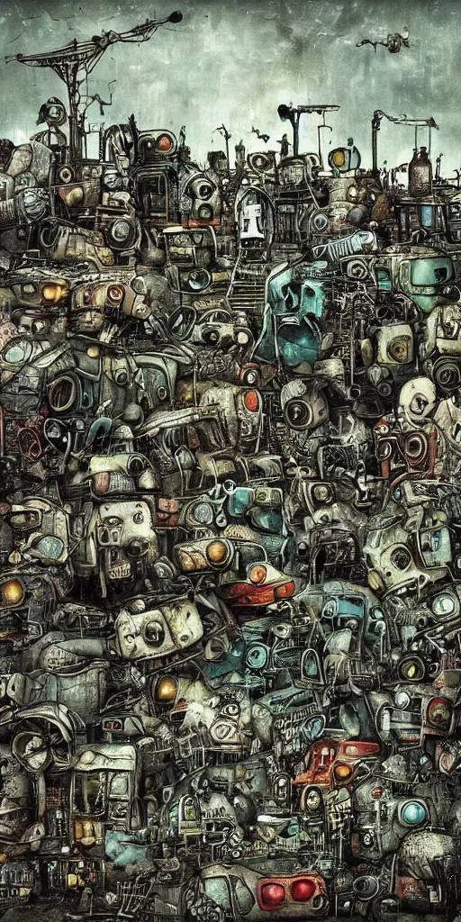 Image similar to a cyborg junkyard scene by alexander jansson