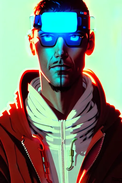 Prompt: cyberpunk synth, hyper - realistic portrait of a man in a white and red hoodie, cyberpunk, by atey ghailan, by greg rutkowski, by greg tocchini, by james gilleard, by joe fenton, by kaethe butcher, dynamic lighting, gradient light blue, brown, blonde cream and white color scheme, grunge aesthetic