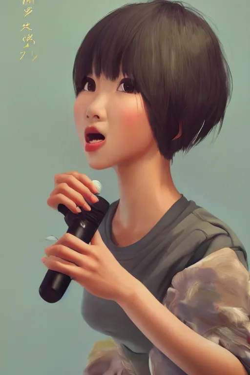 Prompt: a painting of cute Asian girl singing, short hair, in the style of DreamWorks animation, low angle view, 16mm lens, award winning, hyper detailed, dramatic lighting, artstation, octane renderer, unreal engine