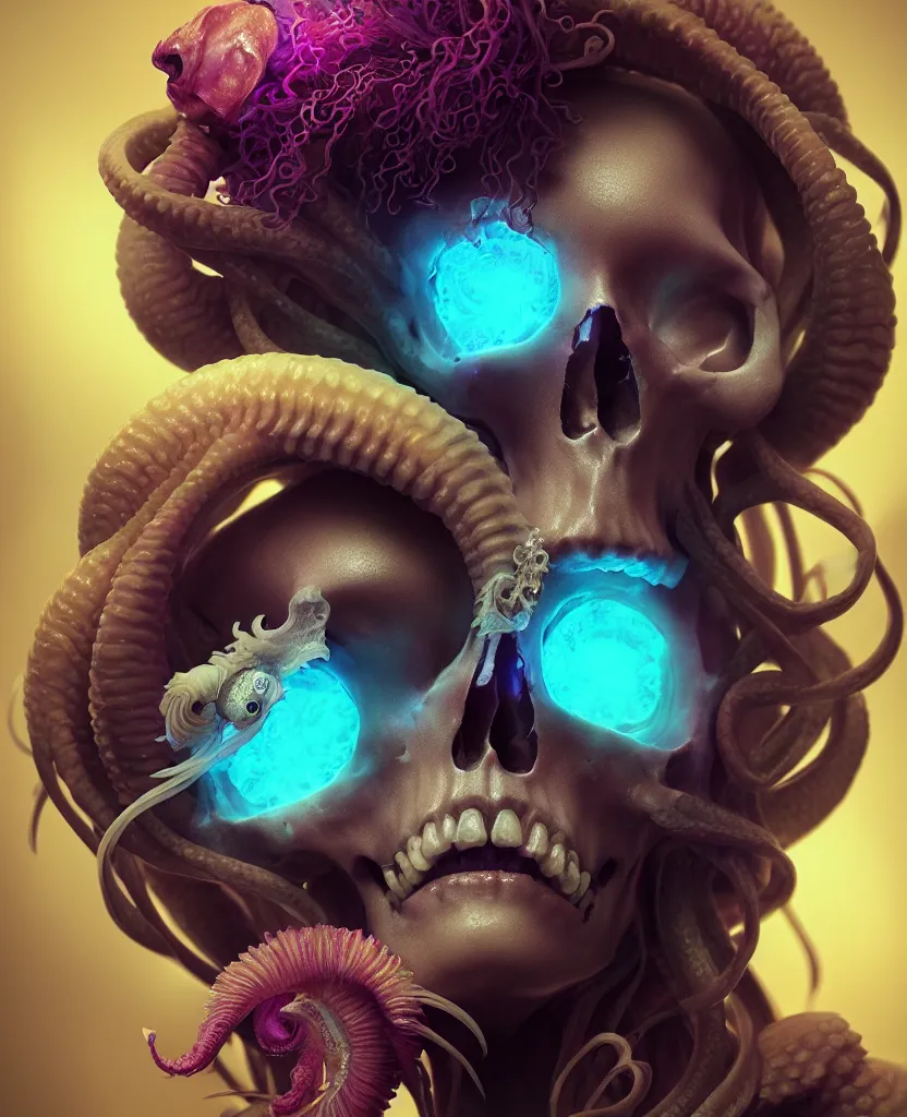 Image similar to goddess close - up portrait human skull, ram skull, squid phoenix jellyfish, orchid, betta fish, bioluminiscent, intricate artwork by tooth wu and wlop and beeple. octane render, trending on artstation, greg rutkowski very coherent symmetrical artwork. cinematic, hyper realism, high detail, octane render, 8 k