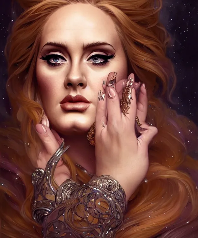 Image similar to Adele as a fantasy magic woman portrait, sci-fi, amber eyes, face, long hair, fantasy, intricate, elegant, highly detailed, digital painting, artstation, concept art, smooth, sharp focus, illustration, art by artgerm and greg rutkowski and alphonse mucha