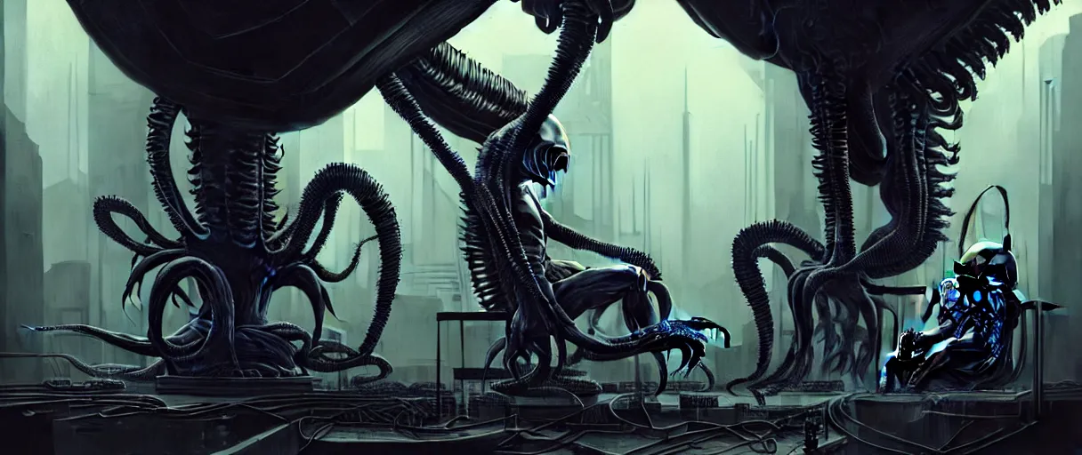 Image similar to duotone noir hyperreal concept illustration of black xenomorph alien machinery engineer sitting in chair by hr giger. cosmic horror atmosphere. accidental renaissance composition. cinematic volumentric lighting. by sachin teng and sergey kolesov and ruan jia and heng z. graffiti art, scifi, fantasy, hyper detailed. octane render. trending on artstation