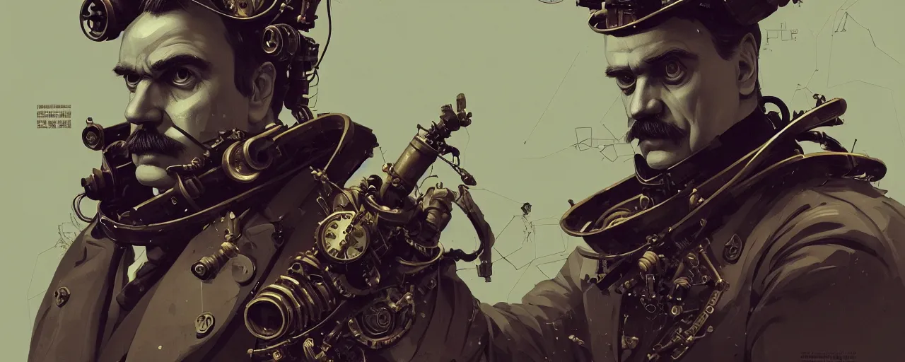 Image similar to duotone dark concept illustration 3 / 4 portrait of friedrich nietzsche as steampunk cyborg holding dynamite. highly detailed mechanism cinematic lighting. fibonacci golden ratio accidental renaissance. by sachin teng and sergey kolesov and ruan jia and heng z. graffiti art, scifi, fantasy, hyper detailed. octane render. concept art. trending on artstation