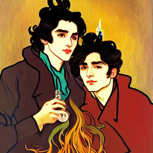 Image similar to painting of young cute handsome beautiful dark medium wavy hair man in his 2 0 s named shadow taehyung and cute handsome beautiful min - jun together at the halloween party, bubbling cauldron, candles, smoke, tarot, autumn colors, elegant, stylized, soft facial features, delicate facial features, art by alphonse mucha, vincent van gogh, egon schiele