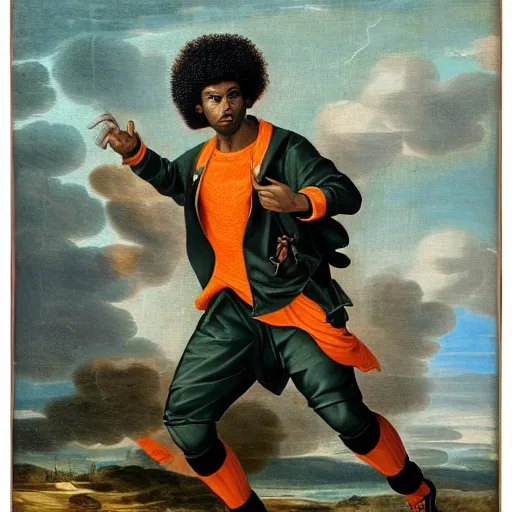 Prompt: photograph of a black man with afro hair wearing an army green adidas jacket and detailed face, riding an orange colored detailed anotamically correct bull!!!!, renaissance style painting