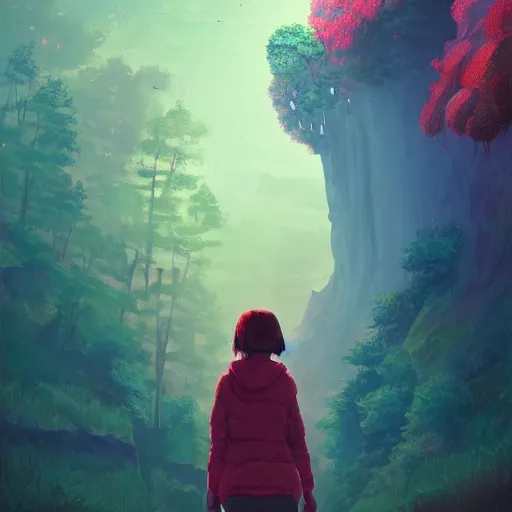 Image similar to giant cherry tree as a head, girl walking in a canyon, surreal photography, sunrise, dramatic light, impressionist painting, colorful clouds, digital painting, artstation, simon stalenhag