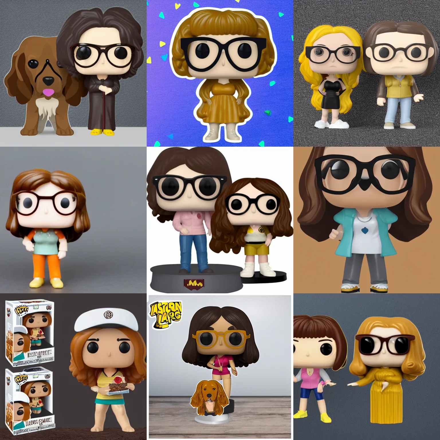 Prompt: pop figure of mom with long, brown, slightly curly hair and glasses and a golden retriever pop figure next to her