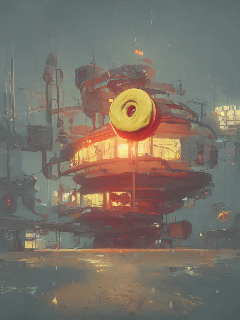 Prompt: a donut in a painting from stalenhag, 4 k, 8 k, hdr, artstation, concept art