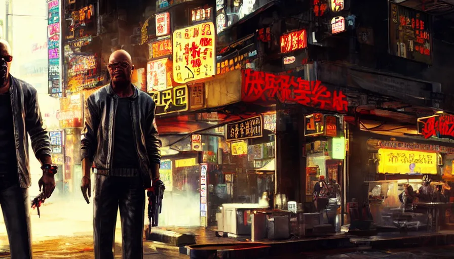 Image similar to samuel l jackson and johnny silverhand in night city eating chinese takeaway, cyberpunk 2 0 7 7, rendering, wallpaper, concept art, digital art