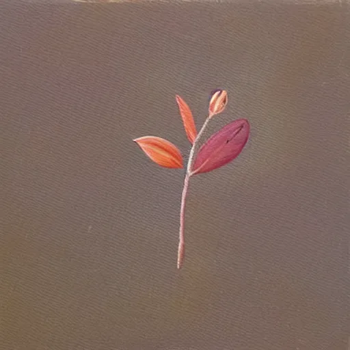 Prompt: detailed painting of a single small seedling on loose fresh earth, reveal several new leaves. muted colors and natural tones.