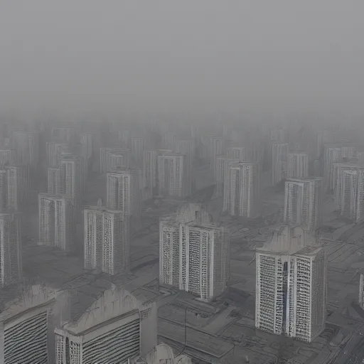 Prompt: pyongyang, fog, in the style of ghost in the shell by mamoru oshii