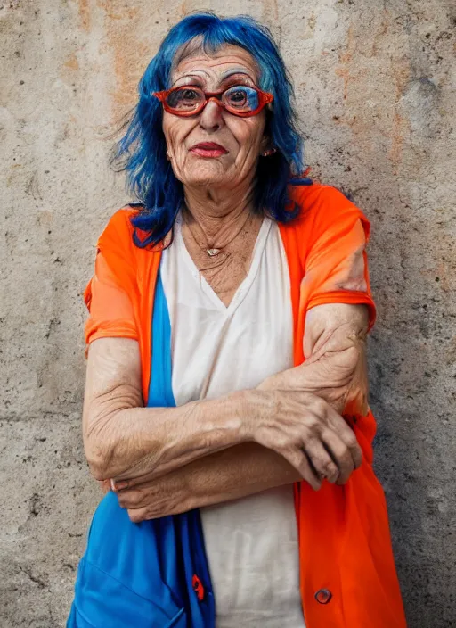 Prompt: Mid-shot portrait of a 60-year-old woman from Cyprus, happy, strong blue and orange colors, candid street portrait in the style of Martin Schoeller award winning, Sony a7R