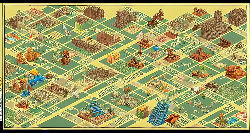 Image similar to isometric miniature map dashboard with time series charts, pie plots and other modern graphics, with small creatures on it. monografia by diego rivera and geof darrow