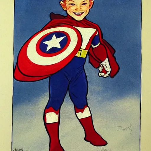 Prompt: a little boy with a mischievous face and short ginger hair. he is dressed as captain america, spider - man, batman, captain marvel, a superhero. well composed, clean elegant painting, beautiful detailed face. by steve ditko and jack kirby and alphonse mucha