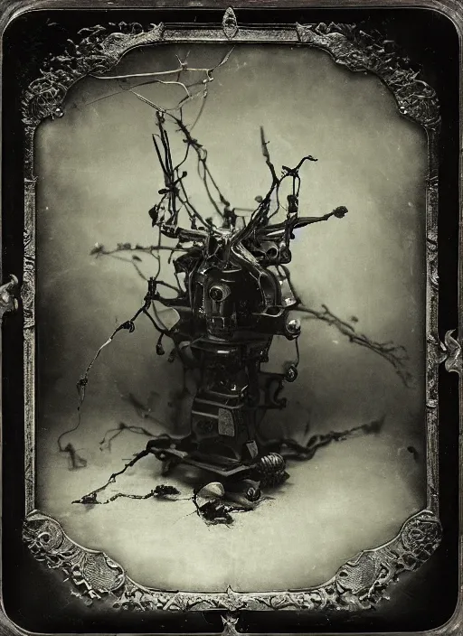 Prompt: old wetplate daguerreotype grafted demons, explosion of data fragments, fractal, intricate, elegant, highly detailed, parallax, leica, medium format, subsurface scattering, by jheronimus bosch and greg rutkowski and louis jacques mande daguerre