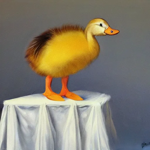 Prompt: still life painting of a yellow laughing duck rabbit with a jumping horse on a white table, high contrast lighting, impressionism, real fur, real feather