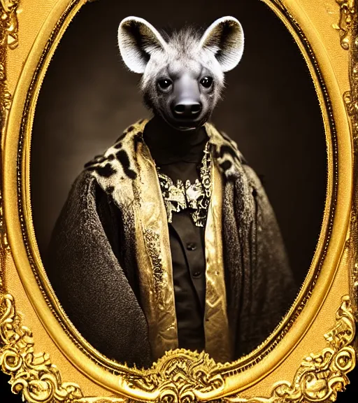 Image similar to professional studio photo portrait of anthro anthropomorphic spotted hyena head animal person fursona smug smiling wearing elaborate pompous royal king robes clothes gold frame by Louis Daguerre daguerreotype tintype