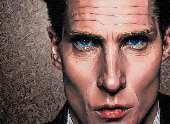 Prompt: a highly detailed beautiful portrait of patrick bateman, james gurney, james jean