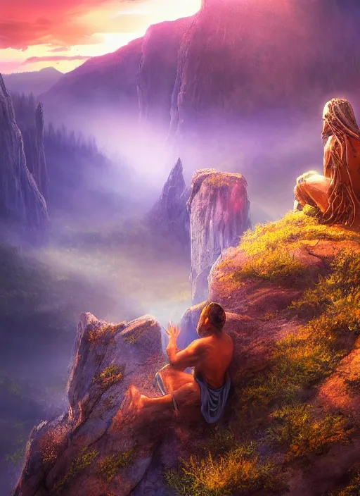 Image similar to an shaman sitting at the top of a cliff, looking down at the valley, doing a vision quest, beautiful sunset, dramatic lighting, fantasy art, smooth matte painting