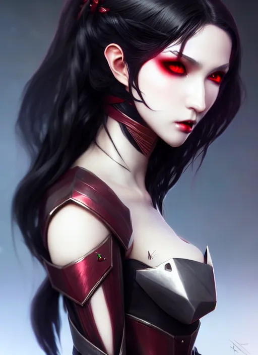 Image similar to full plate armor!!! beautiful and elegant dark hair female vampire!! gorgeous ayes!! character concept art, sharp focus, octane render! unreal engine 5! highly rendered!! trending on artstation!! detailed linework!! illustration by artgerm, wlop, and chie yoshii