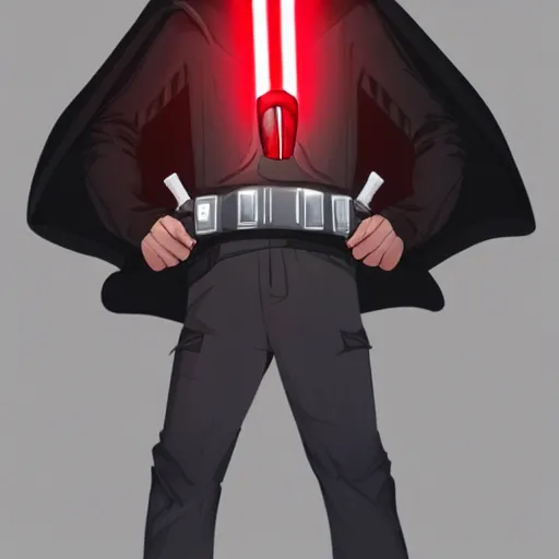 Prompt: a man with black hair in a black hoodie posing while holding a red lightsaber, Trending on artstation