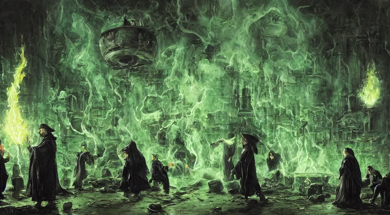 Image similar to A highly detailed oil painting by Greg Rutkowski of a group of sorcerers wearing black robes making a potion in a huge bubbling cauldron glowing bright green, with lots of fire coming from it, highly detailed fantasy concept artwork, very realistic, green and black color scheme, graffiti.