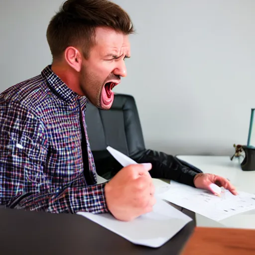 Prompt: man doing his taxes, man screaming