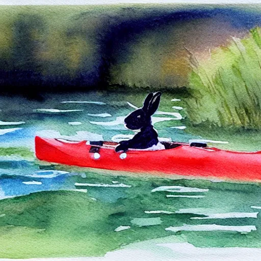 Image similar to a rabbit paddling a kayak on a small stream, watercolour realism