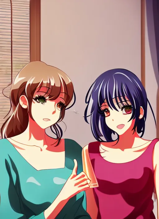 Prompt: two beautiful mothers in a summer home, sophisticated clothes, gorgeous faces, thick lines, cinematic lighting, detailed anime art