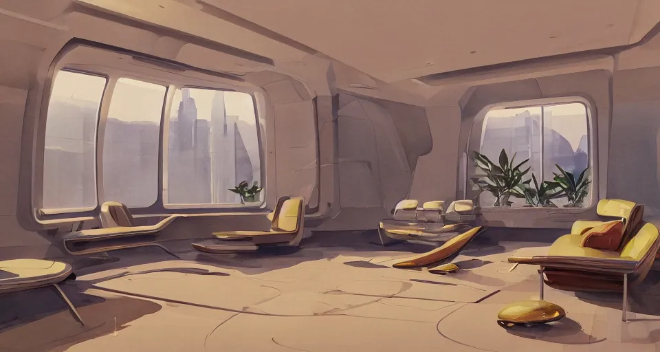 Image similar to a beautiful illustration of futuristic interior hall, lots of furniture, sofa, waiting room, big medium small, sacred geometry, golden ratio, in watercolor gouache detailed paintings, in style of syd mead, trending on artstation,8k, panel, hard surface, vent, zaha hadid, props, plant, cozy,decoration around the room