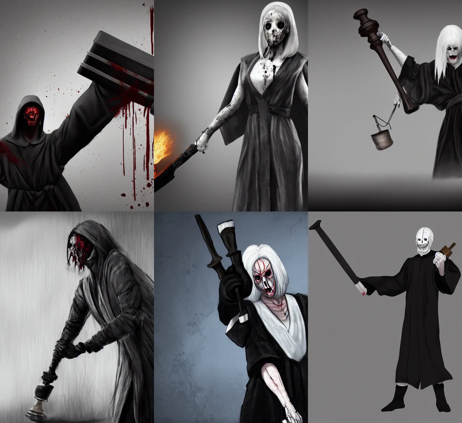 Prompt: judge in a black robe and a white wig holding a gavel, dead by daylight killer, concept art, 4k