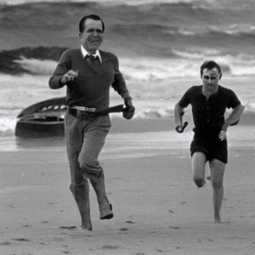 Prompt: Richard Nixon running with his dog on the beach