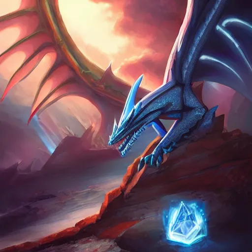 Image similar to a blue eye white dragon, yu - gi - oh card game art, battlefield background, bright art masterpiece artstation. 8 k, sharp high quality artwork in style of jose daniel cabrera pena and greg rutkowski, concept art by tooth wu, blizzard warcraft artwork, hearthstone card game artwork, yugioh artwork