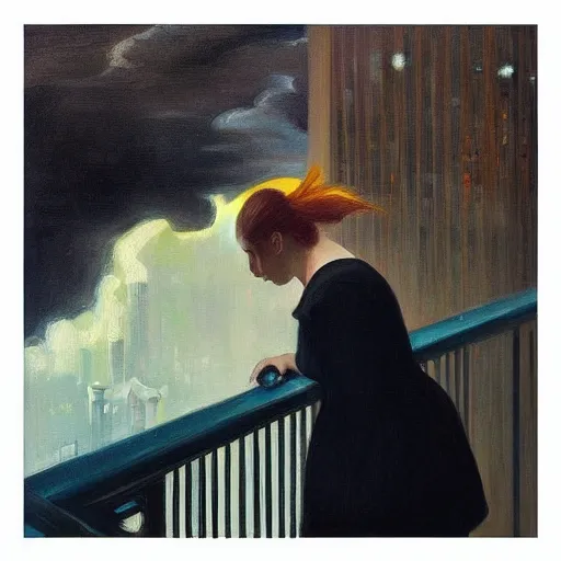 Image similar to “ a girl looking down at a futuristic new york city below, ghostpunk, detailed face, oil painting, stormy sky, by george bellows and edward hopper ”