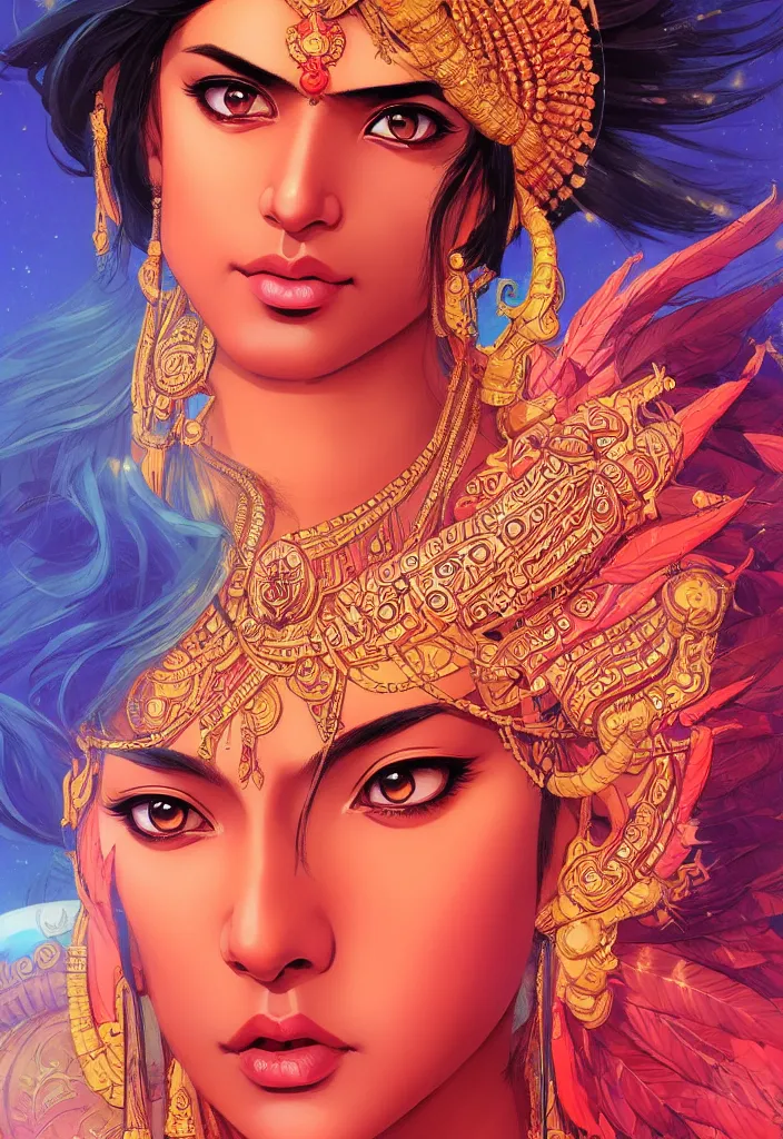 Image similar to a comic portrait of an indian goddess, realistic shaded perfect face, fine details. cosmic setting. anime style. realistic shaded lighting poster by ilya kuvshinov katsuhiro, magali villeneuve, artgerm, jeremy lipkin and michael garmash, rob rey and kentaro miura style, trending on art station