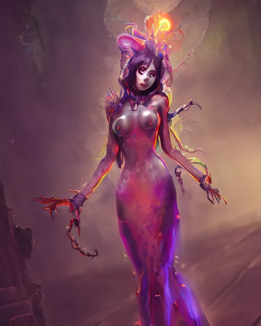 Image similar to demon girl wearing gown, beautiful, fantasy, colorful, cinematic lighting, artstation, trending, highly detailed, focus, smooth, by hirohiko araki and yoshitaka amano