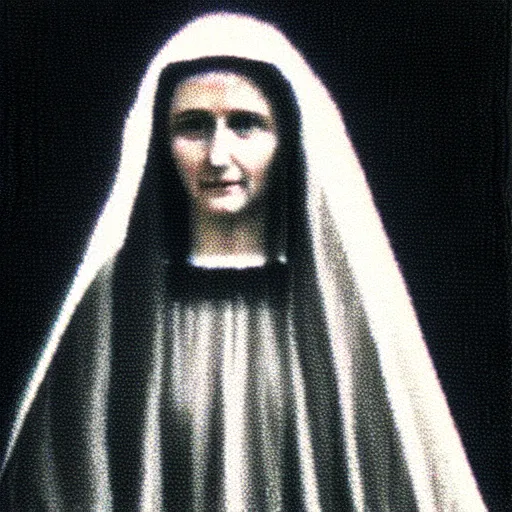 Prompt: marian apparition, found footage, vhs, 1 9 9 0, beautiful, highly realistic, highly detailed, vhs noise static, black and white, vhs glitch