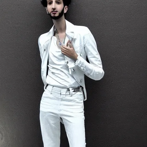 Image similar to “a realistic detailed photo of a guy who is an attractive humanoid who is half robot and half humanoid, who is a male android, singer Sebastian Yatra, shiny skin, posing like a statue, blank stare”