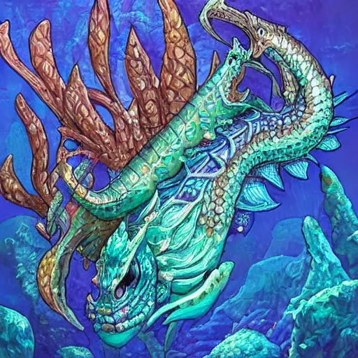 Image similar to underwater sea dragon full body, d & d style, trending on artstation, colorful, intricate, highly detailed art by ilse gort and yugin maffioli