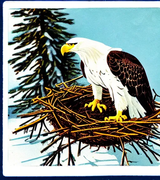 Image similar to damaged postcard of 'an eagle in the nest of a snowy pine tree' laying on table, zoomed out shot