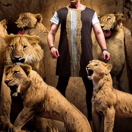 Image similar to dramatic film still of 3 5 year old man in ancient canaanite clothing surrounded by ferocious lions. cave interior background. directed by michael bay