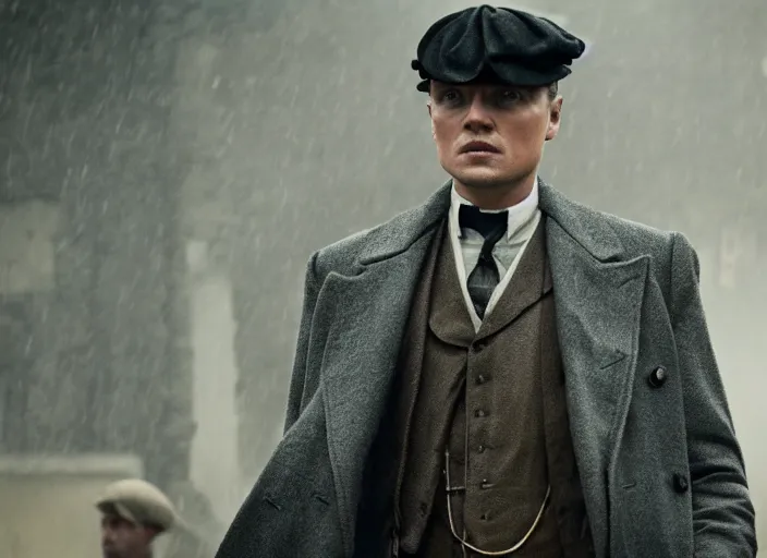 Prompt: film still of Leonardo DiCaprio as Thomas Shelby in Peaky Blinders, 4k