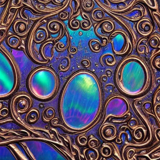 Image similar to Art Nouveau cresting oil slick waves, hyperdetailed bubbles in a shiny iridescent oil slick wave, ornate copper patina medieval ornament, rococo