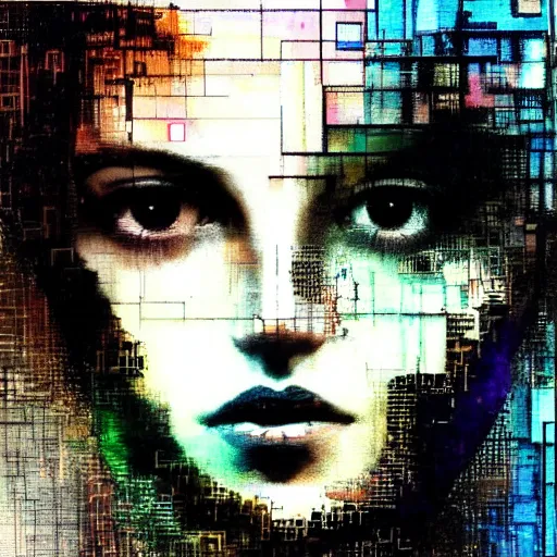 Image similar to portrait of a youthful beautiful women, mysterious, glitch effects over the eyes, fading, by Guy Denning, by Johannes Itten, by Russ Mills, centered, glitch art, clear skin, hacking effects, chromatic, cyberpunk, color blocking, digital art, concept art, abstract